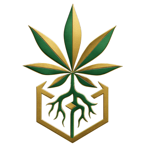 Root3D Consulting logo – cannabis leaf with roots inside a geometric frame